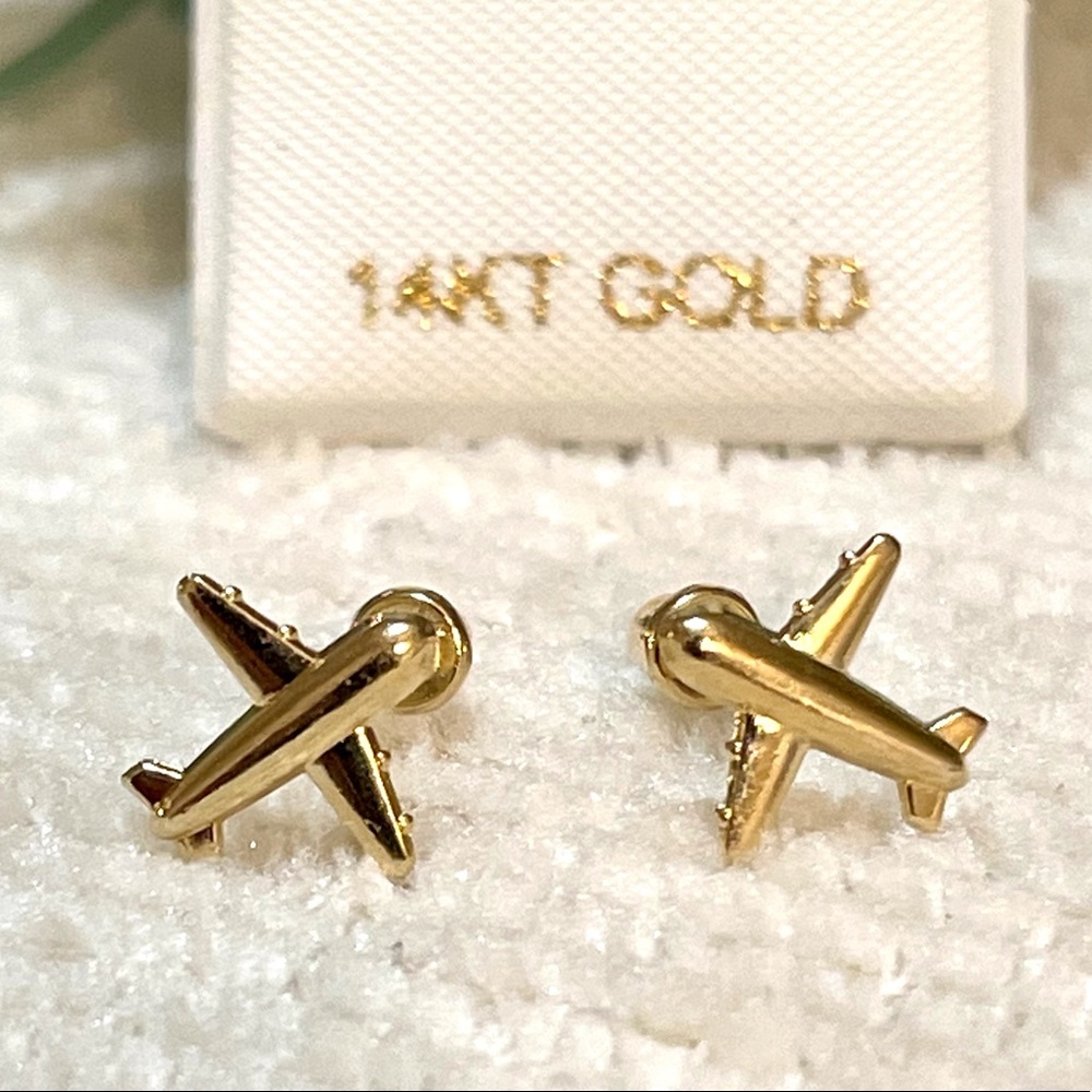 Solid Yellow Gold 14 Karat 9x9mm Cute Plane  Earring
